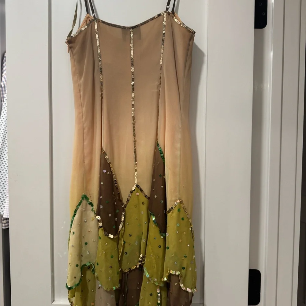 VINTAGE HEATHERETTE 100% silk Green and Brown Sequin Dress - Picture 4 of 9